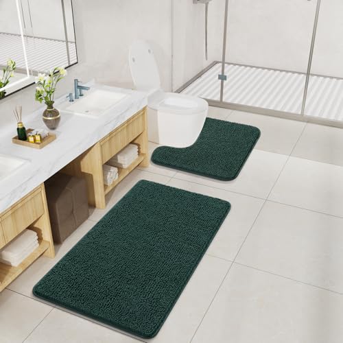 LOCHAS Bathroom Rugs Sets 2 Piece, Soft Non Slip Bath Mat Set, 20''x20'' U-Shaped Toilet Rug and 34''x21'' Hunter Green Bath Rugs, Washable Absorbent Chenille Toilet Rug Set for Bathroom, Shower - color: Hunter Green