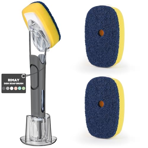 Dish Brush with Soap Dispenser Storage Set with 2 PCS Sponge Refills & Holder, Soap Dispensing Dish Brushes, Sponge with Soap Dispenser Handle, Dish Sponges with Handle for Dishes Pans Pots Sink - color: Black