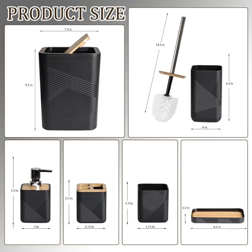 CERBIOR Bathroom Accessories Set 6 Piece Bamboo Bath Ensemble Includes Soap Dispenser, Toothbrush Holder, Toothbrush Cup, Soap Dish for Decorative Countertop and Housewarming Gift (Black) - size: Complete Set, style: Black