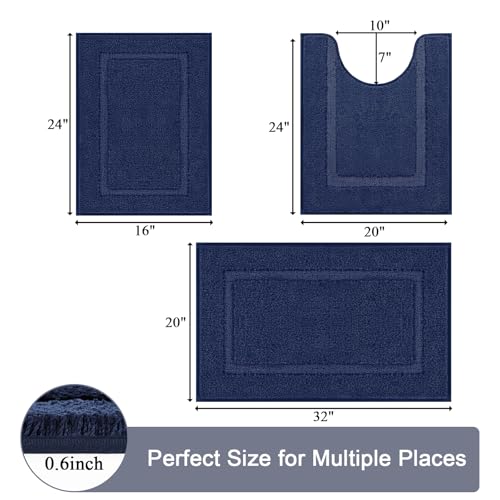 SHACOS Navy Blue Bathroom Rugs Sets 3 Piece Bath Mat U Shaped Toilet Rug | 20x32+ 16x24+ 20x24, Soft Fluffy Microfiber Bath Rugs Set, Non Slip Washable Absorbent Bathroom Floor Mats Carpet Shower Rug - color: Navy Blue, size: 16"x24"+ 20"x32"+U Shape 20"x