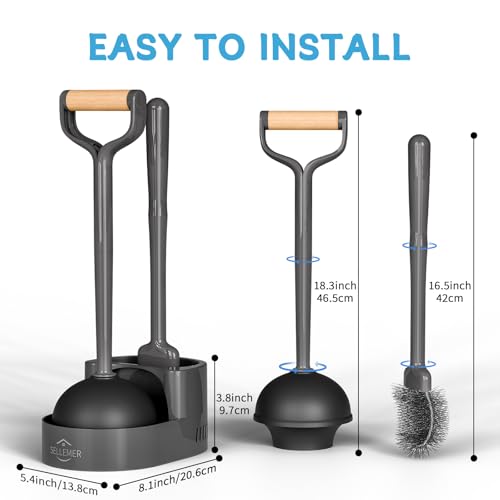 Sellemer Toilet Brush and Plunger Set, Curved Head for Deep Cleaning, Grey | Brush and Plunger set, Curved Nylon Bristles for Deep Clean, Strong Suction Plunger, Ventilated Holder for Quickly Air Dry - color: Gray