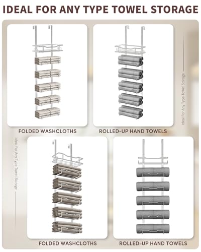 Aetyord Hanging Towel Racks for Bathroom No Drill - Over The Door 6-Tier Bath Towel Storage Organizer for Small Bathrooms-Back Door Large Tiered Towel Holder Hanger for Rolled Towels RV Camper Silver - color: Silver, size: 6 tier