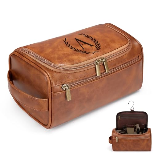 Travel Toiletry Bag Hanging For Mens PU Leather - Yellow Brown (Initial A) | Waterproof Dopp Kit Bag Beach Travel Essentials Bathroom Organizer, Personalized Gifts For Father Husband Groomsmen Birthday - color: Yellow Brown, style: A