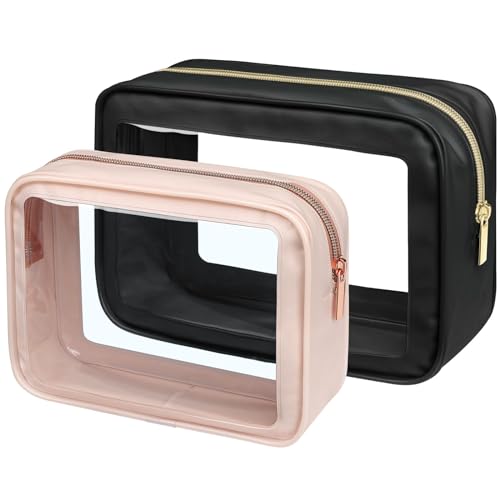 PACKISM Clear Makeup Bag Foldable - TSA Approved Toiletry Bag for Travel | Metal Zipper, Reinforced Seam, Water Resistant, Medium for Carry-on, Large for Checked Luggage, for Car Storage Organizer - color: 2 Pack Black/Pink, size: Hybrid Traveler (1 Large