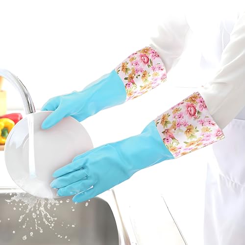 KINGFINGER Dishwashing Cleaning Gloves, 2 Pairs Reusable Rubber Gloves PVC Latex-Free Waterproof Long Cuff and Flock Lining Household Cleaning Gloves for Women - color: Blue+purple