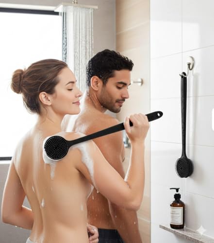 Macco Silicone Body Scrubber with Long Handle, Black, Soft Exfoliating Shower Brush for Back and Body