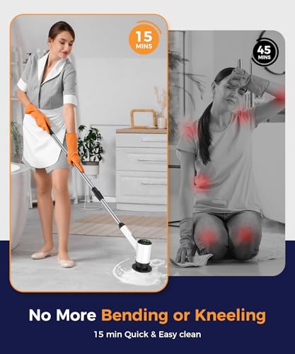 Cordless Electric Spin Scrubber, 6 Brush Heads, Long Handle | Power scrubber, adjustable long handle, IPX7 rated body, lightweight grip, bathroom, kitchen, tile, grout, tub, shower, floor - size: 6heads