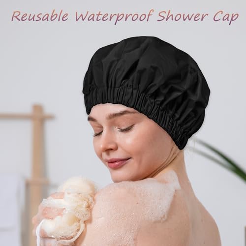 Reusable Shower Cap for Women – Large Waterproof Satin Shower Bonnet for Long, Curly & Braided Hair, Washable Bath Hair Cover, Black + Pink - color: Black + Pink