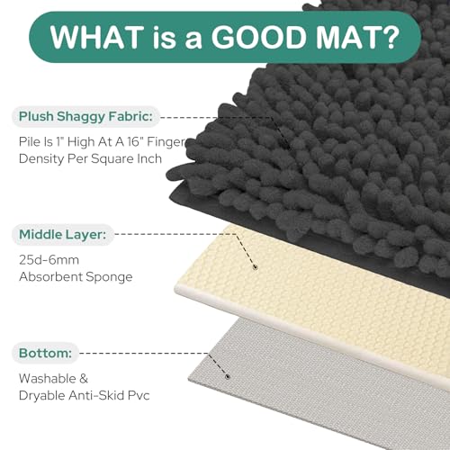 HOMEIDEAS Bathroom Rugs Set 2 Pieces, Ultra Soft Non Slip Absorbent Chenille Toilet Bath Mat Set (Charcoal/Dark Grey) - color: Grey-charcoal, size: 1'8" x 2'8" (U Shape 20"x24"+20"x32")