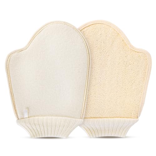 Natural Loofah Bath Mitts, 100% Plant-Based Loofah Gloves for Women and Men,Dye-Free,for face and Body-2 Count