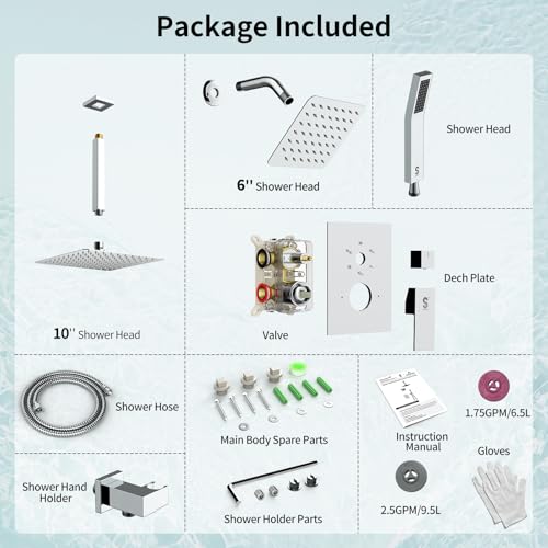 Shower Faucet Set Shower System - SR SUN RISE Polished Chrome Shower Trim Kit with Dual Shower Head, 10'' Ceiling Rainfall 6'' Wall Mount with Handheld Shower for Couples, Complete 6 Diverter Valve - color: Chrome, size: 10 Inch