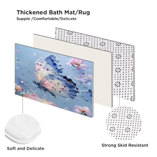 DDQQ 4Pcs Oil Painting Floral Shower Curtain Set Bathroom Sets Blue Butterfly Shower Curtain with 12 Hooks Bathroom Decor with Rugs Bath Accessories with Mats Toilet Lid Cover - color: Blue