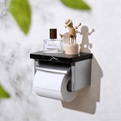 Black Marble Toilet Paper Holder, Modern Silver Marble Toilet Paper Holder, Wall Mounted Waterproof Toilet Paper Dispenser with Cover & Shelf - color: Marble Black&silver, size: Single