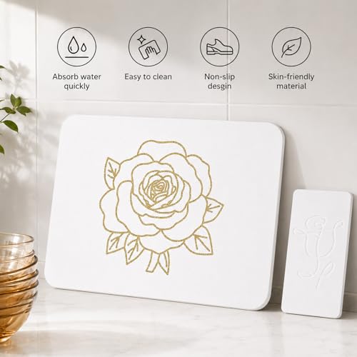Stone Dish Drying Mat for Kitchen Counter, Glittery Resin Rose Pattern Quick Drying Mat, Water Absorbing Diatomaceous Pad for Plate Bottle Utensil Rack,Space Saving (Gold & White, 16"×12")