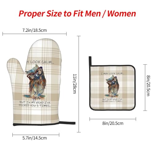 Funny Owl Oven Mitts and Pot Holders Sets of 3 Kitchen Hot Pads Cute Buffalo Plaid Oven Gloves Heat Resistant Washable for Cooking Grilling Baking Holiday Kitchen Decor - color: Funny Owl