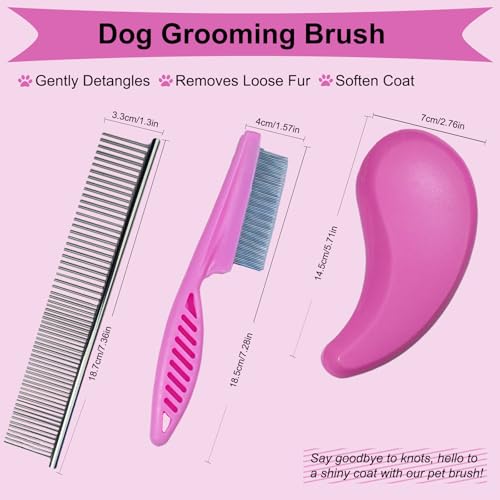 3 PCS Puppy Brush Grooming Kit, Stainless Steel Flea Comb, Fit for Yorkie, Shih Tzu, Maltipoo, Soft Bristle (Pink) - color: Pink