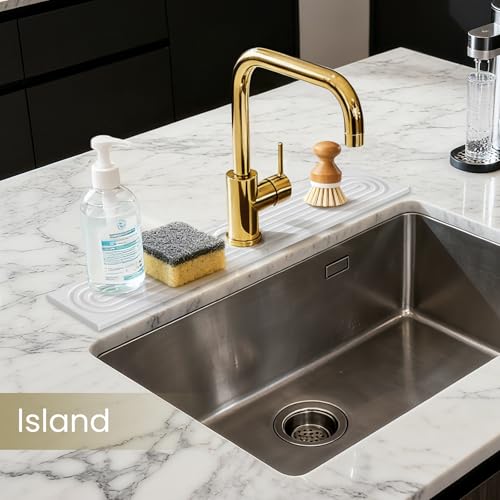 Diatomite Faucet Mat for Kitchen Sink, Quick-Dry Stone-Like Sink Mat, Flat Lay Absorbent Countertop Drying Mat for Faucet Area, Hard Diatomite Mat, White, 23.6 x 4 in - color: White