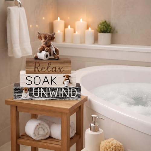 Cinnvoice 4 Pcs Highland Cow Bathroom Decor Farmhouse Bathroom Decoration Western Relax Soak Unwind Table Centerpiece Gift for Christmas Valentines Back to School - style: Relax Soak Unwind