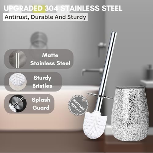 Decorative Toilet Brush and Holder Set | Handcrafted Silver Mosaic Glass Holder | Rust-Proof 304 Stainless Steel Toilet Bowl Brush | Luxury Silver Bathroom Decor - color: Silver