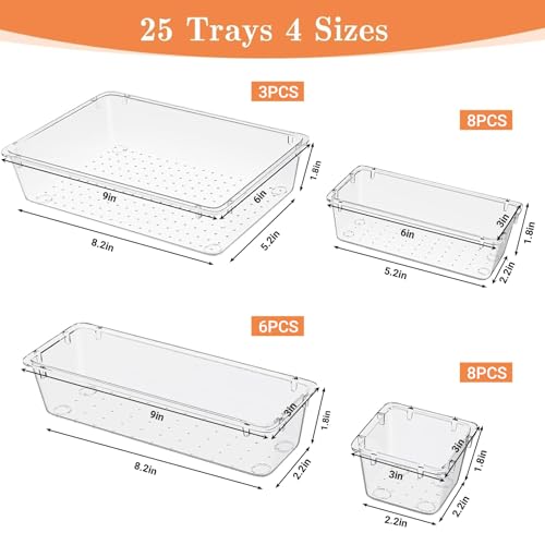 SpaceHacks 25 PCS Plastic Drawer Organizer Set, 4-Size Versatile Organizer Trays & storage Bins for Makeup, Jewelry, and Gadgets in Bathroom, Bedroom and Office,Clear White - color: Clear