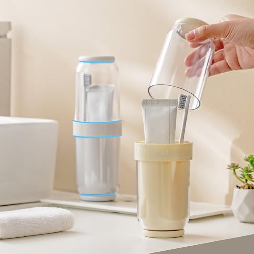 Toothbrush Cup with Cover, Travel Toothbrush Case Portable Toothbrush Holder for Traveling Business Camping School Bathroom (Beige) - color: Beige