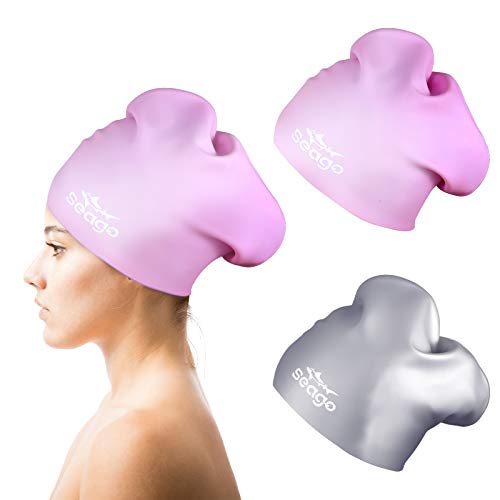 Swim Cap Long Hair 2 Pack Swimming Caps for Women Silicone Swim Caps Keep Hair Dry Waterproof Comfortable Flexible Durable Bathing Cap Tear-Proof Design Large Women Adult Swimming Cap 10+ Years Girls - color: Purple & Gray