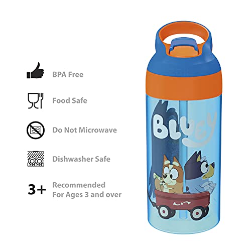 Zak Designs 17.5 oz Riverside Bluey Kids Water Bottle with Straw and Built in Carrying Loop Made of Durable Plastic, Leak-Proof Design for Travel, 2PK Set - color: Bluey