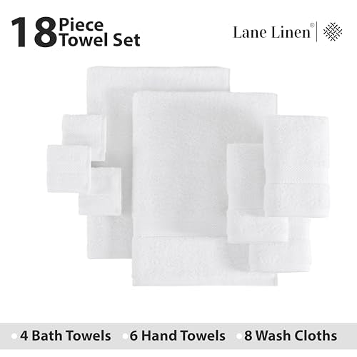 LANE LINEN Cotton Bath Towel Set 18 Piece - Super Soft, Absorbent & Quick Dry - 4 Bath, 8 Washcloths, 6 Hand Towels for Bathroom - Hotel Quality Turkish Towels, Ideal for Spa, Gym & Travel - White - color: 02: White, size: 18 Piece Towel Set