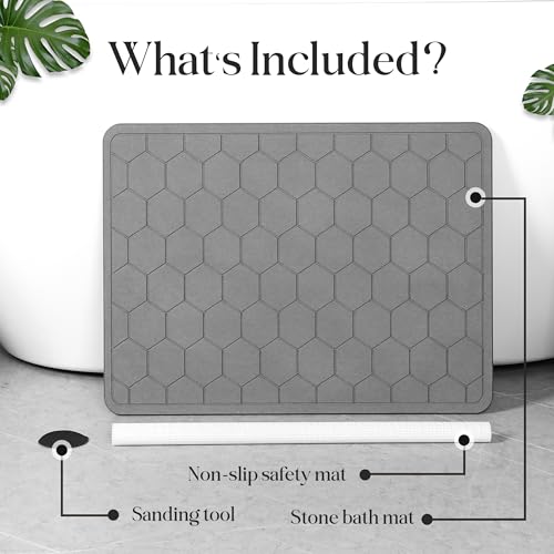 Diatomaceous Earth Stone Bathmat | Eco-Friendly XL Stone Bath Mat 18x24 Inch. Instant Dry Bathroom Mat with Sandpaper & Pads. Multiuse, Kitchen Counter & Stone Dog Bowl Mat (2, Grey) - color: Grey