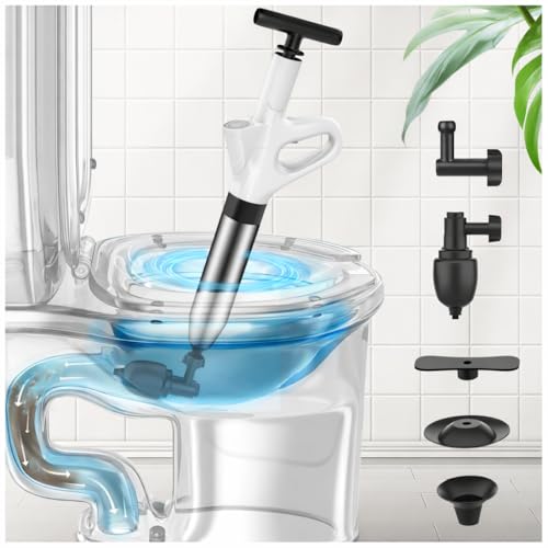 Toilet Plunger,High Pressure Toilet Plunger Heavy Duty,Toilet Auger Air Drain Blaster with Pressure Gauge,Toilet Unclogger for Bathroom and Plumbing Clogs - color: White