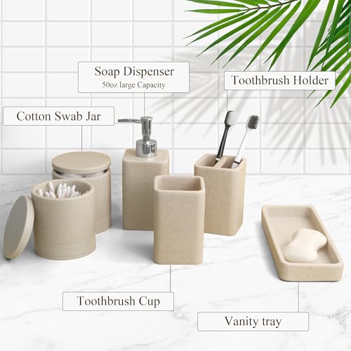 YMXYJM Bathroom Accessories Set, 6 Piece Bathroom Set with Toothbrush Holders, Soap Dispenser, Vanity Tray, Tumbler, Cotton Swab Jars, Bathroom Organizer，Bathroom Sink Sets, Stone Beige - color: Beige