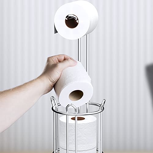 Meangood Toilet Paper Holder Stand and Tissue Paper Roll Dispenser for 4 Mega Rolls, Bathroom Free Standing Tissue Roll Storage Holder Rack, Metal Wire Silver - color: Silver