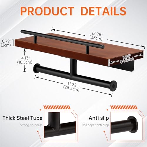 Toilet Paper Holder with Wood Shelf, Wall Mount Toilet Paper Roll Holder with Wooden Shelf and Matte Black Stainless Steel Pipe, Tissue Roll Holder for Bathroom Washroom (Dark Brown, 13.8'' x 5.9'') - color: Dark Brown, size: 13.8'' x 5.9''