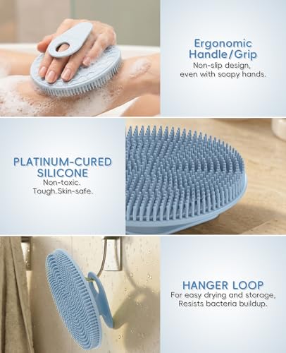 4 Pack Soft Silicone Shower Brush, Body Exfoliating Skin Massage Scrubber | Body Wash Bath Dry Skin Brushing Glove Loofah, Fit for Sensitive and All Kinds of Skin(2Pack Black+Mint+Blue) - color: Black(2p)+blue+mint