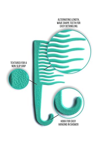 XO Curls Shower Detangling Comb - wide tooth comb with hook for easy hanging in shower, removes knots and tangles gently - color: Green
