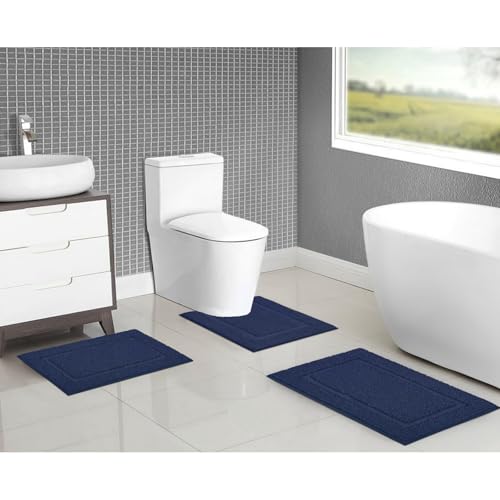 SHACOS Navy Blue Bathroom Rugs Sets 3 Piece Bath Mat U Shaped Toilet Rug | 20x32+ 16x24+ 20x24, Soft Fluffy Microfiber Bath Rugs Set, Non Slip Washable Absorbent Bathroom Floor Mats Carpet Shower Rug - color: Navy Blue, size: 16"x24"+ 20"x32"+U Shape 20"x