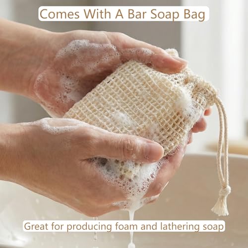 2-in-1 Soap Dish Combo Pack Includes 1 Bamboo Soap Holder and 1 Soap Bag, Slotted Wooden Soap Dish Self Draining, Shampoo Bar Tray for Shower, Bathroom, Countertop (Natural Brown Wood)