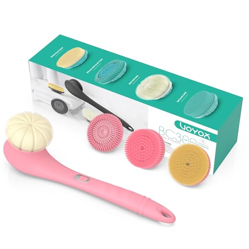 VOYOR Electric Body Brush Back Scrubber Silicone Body Scrubber Two-Way Rotating Brush Head for Deep Cleaning, Exfoliation, 4 Attachments Long Handle IPX6 Rechargeable Shower Brush BC300 (Pink) - color: Pink