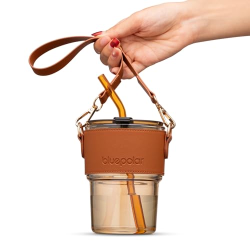 BLUEPOLAR 13 oz Tumbler Water Glass, Water Bottle with Straw and Dustproof Lid, Coffee Ice Cup Double Wall Insulated Glass Cup (Amber with Sleeve and Strap) - color: Amber with Sleeve and Strap