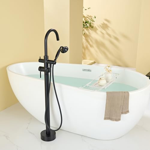 Wowkk Tub Filler Freestanding Bathtub Faucet Black Floor Mounted Brass Bathroom Tub Faucets with Hand Shower - color: Black