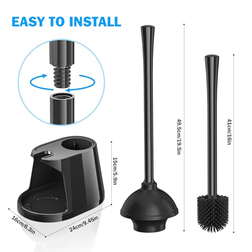 Toilet Plunger and Brush Set, Silicone Bowl Brush and Heavy Duty Toilet Plunger with Ventilated Holder, 2-in-1 Toilet Brush and Plunger Combo for 5.3-inch Toilet Drain Bathroom Deeply Cleaning (Black) - color: Black01