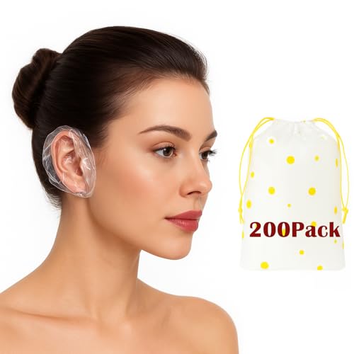 200 Pack Disposable Waterproof Ear Covers for Shower & Hair Dye – Clear Plastic Ear Caps with Soft Elastic, One Size for Adults, with Drawstring Storage Pouch for Neat, Travel-Ready Carry
