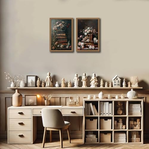 2Pcs Framed Vintage Floral Wall Art Moody Flowers Books Painting, Vintage Wildflowers Dark Academia Floral Gallery Wall Decor Picture, Rustic Country Canvas Decor for Living Room gallery Office 16x24in - color: Black Dark Classical Flower, size: 16x24 Inc