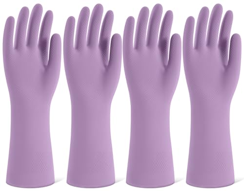 Rubber Cleaning Gloves for Dishwashing, 4 Pairs Reusable Kitchen Gloves for Washing Dishes and Household Cleaning, Purple Dish Gloves with Flocked Lining and Non-Slip Grip, Pefect for Woman Men - S - color: Purple, size: Small