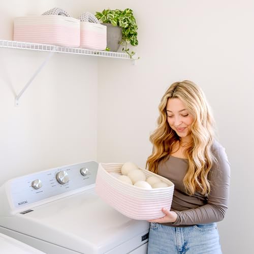 NaturalCozy 13.5”x8.5”x5.5” Rectangle Storage Baskets for Shelves 3 Pack | Cotton Rope Woven Small Baskets for Organizing | Small Storage Bins for Nursery, Bathroom, Closet, Shelf, Decorative - color: Off White & Mixed Pink, size: 13.5" x 8.5" x 5.5"
