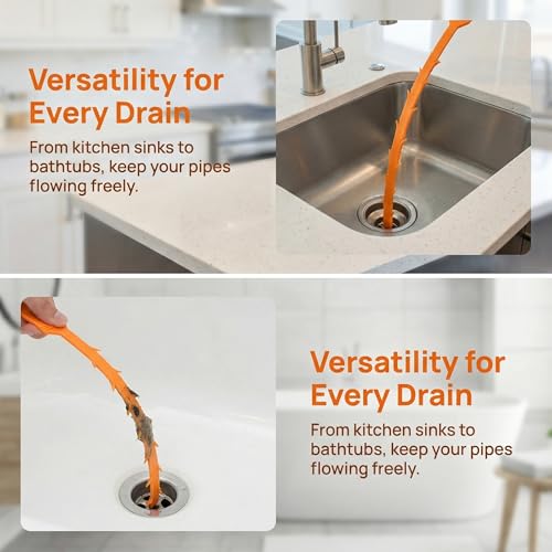 20 Inch Drain Snake Hair Clog Remover Orange Plastic 4 Pack | Barbed Design for Bathroom Tub Kitchen Sink Toilet Sewer Cleaning