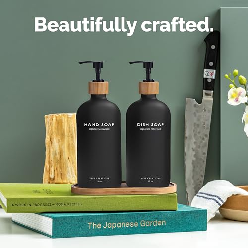 Vine Creations Black Glass Soap Dispenser Set, Hand Soap and Dish Soap Dispenser Set with Bamboo Tray, 16 oz Glass Dispensers Bottle for Kitchen and Bathroom Decor Modern Boho with Bamboo Pump (Black) - color: Black