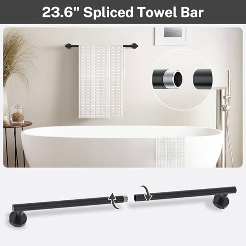 Matte Black Towel Bar Set 5 Pieces Bathroom Hardware Accessories Set Round Towel Holder Set for Bathroom Upgraded Toilet Paper Holder Stainless Steel Wall Mounted Towel Rack Set,23.6 Inch - color: Black