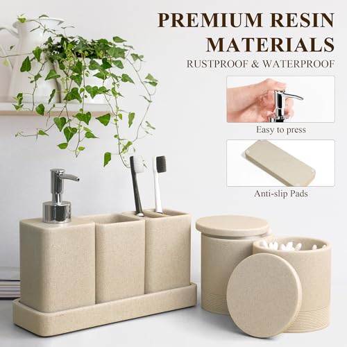 YMXYJM Bathroom Accessories Set, 6 Piece Bathroom Set with Toothbrush Holders, Soap Dispenser, Vanity Tray, Tumbler, Cotton Swab Jars, Bathroom Organizer，Bathroom Sink Sets, Stone Beige - color: Beige