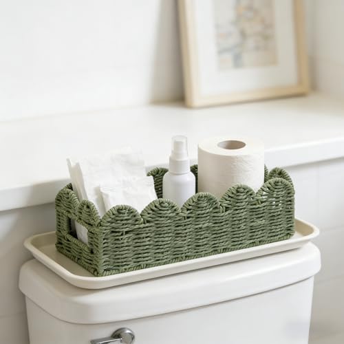 Sage Green Scalloped Toilet Tank Basket — Paper Rope Woven Toilet Paper Holder for Back of Toilet, Scalloped Wicker Tray, Boho Bathroom Organizer and Storage for Tank Top, Countertop & Small Spaces - color: Green